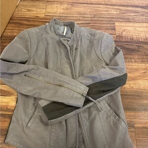 Free People Gray Leather Jacket with Black Accents